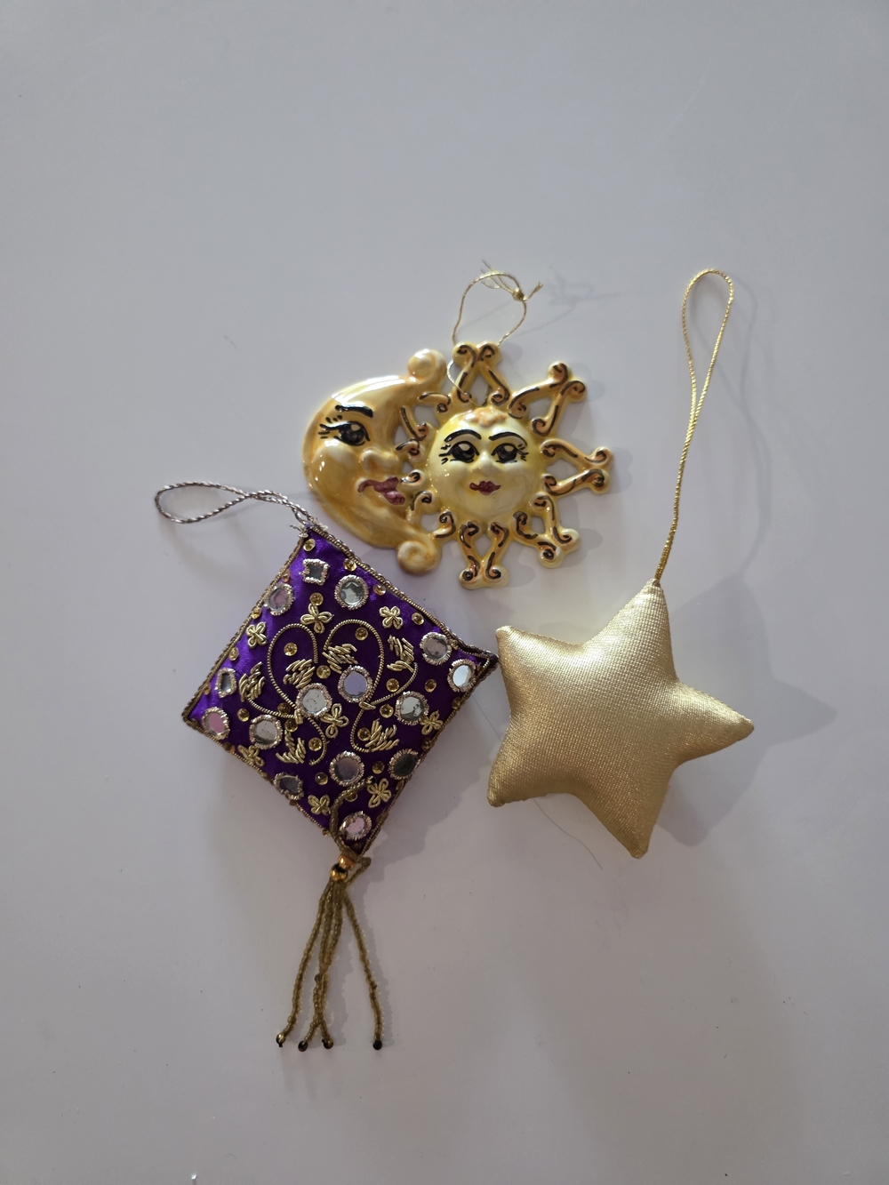 Vintage Gold Star, Gold Sun Face & Purple Embroidered Square Ornaments